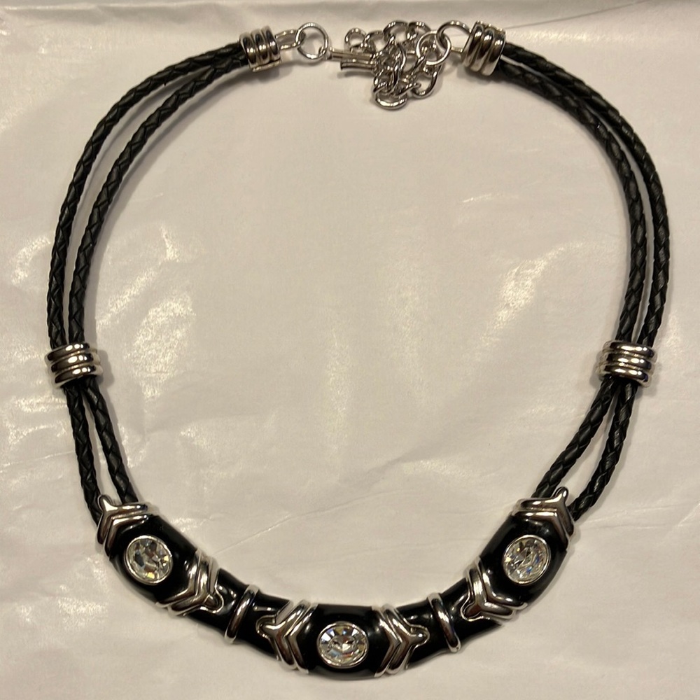 Nolan Miller Black Braided Leather Enamel with Crystal Necklace Stunning